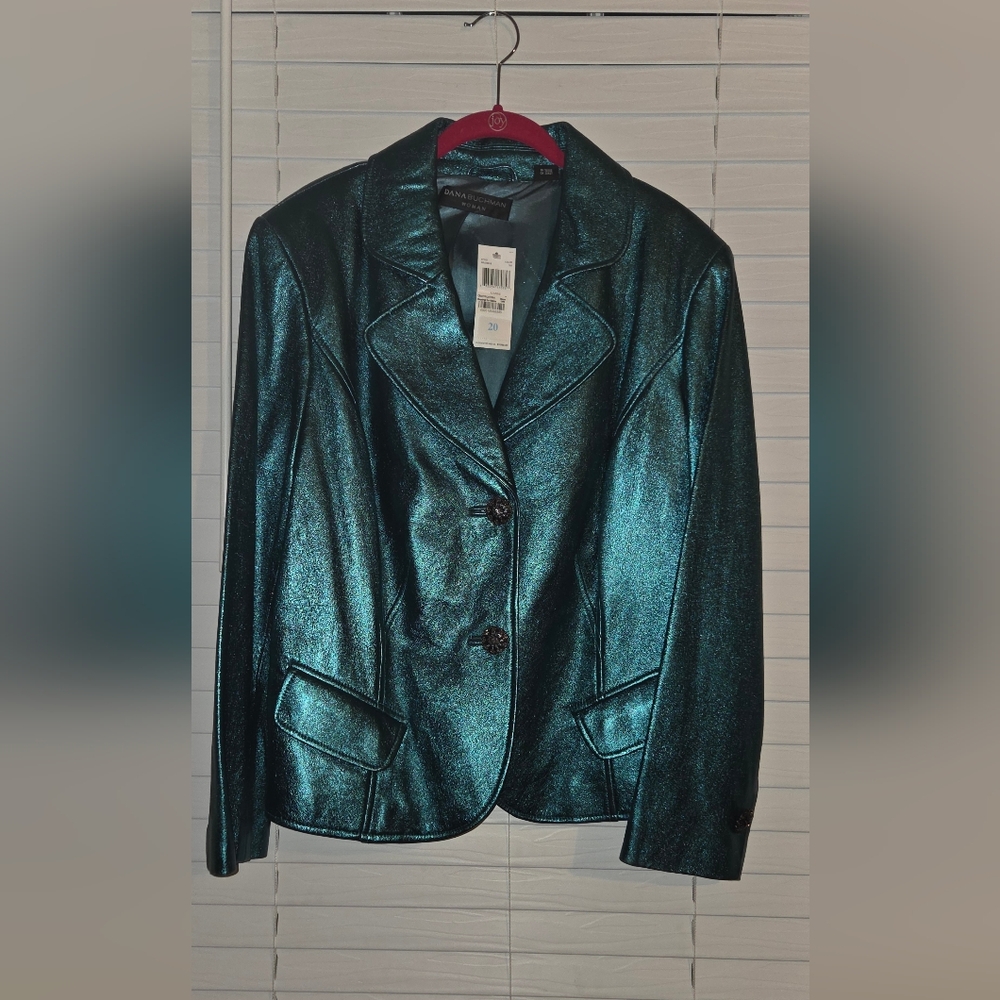 NWT Dana Buchman Plus Size 100% Leather Metallic Teal Blazer Size 20 - Picture 2 of 13